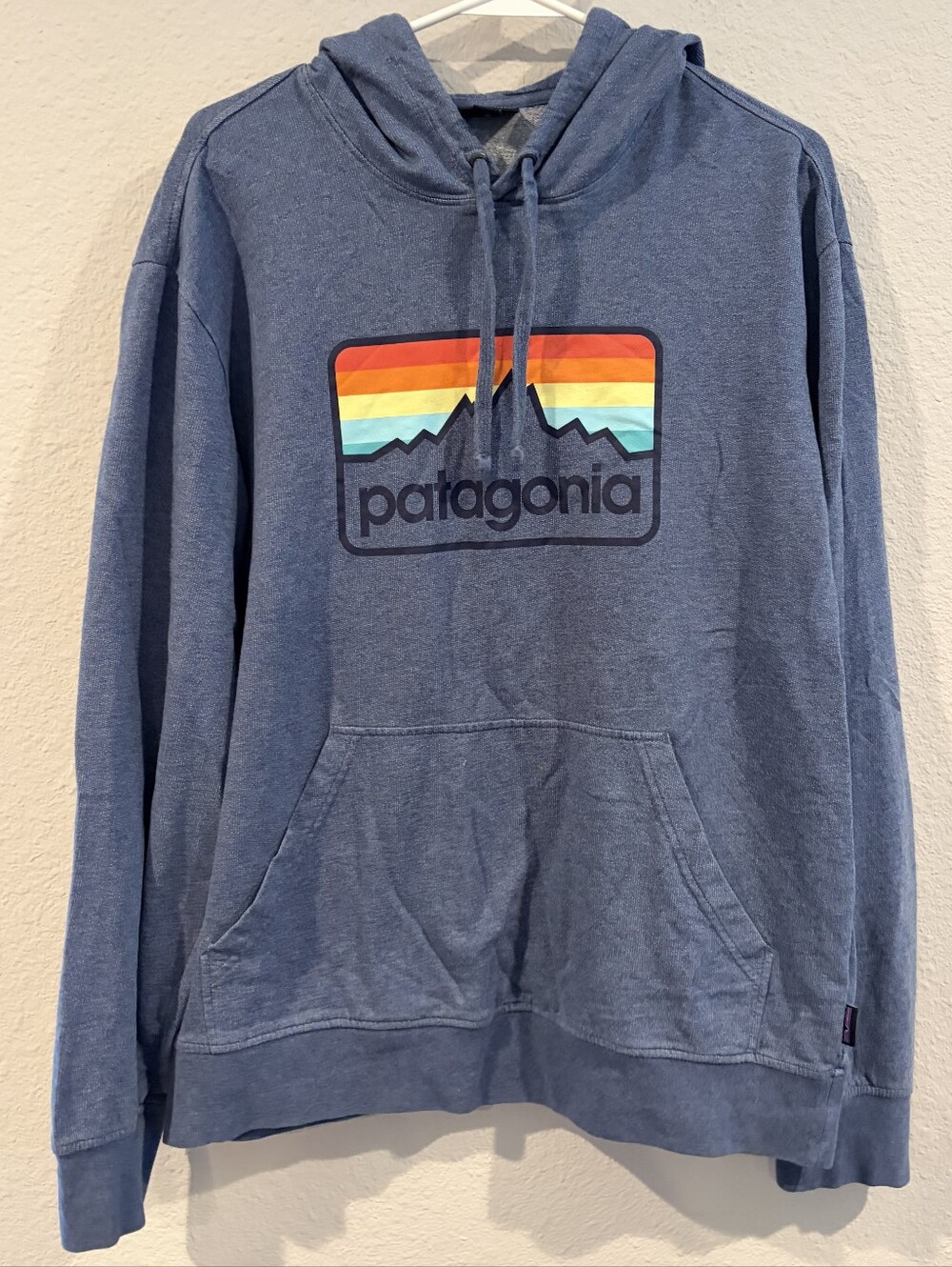 Patagonia Unisex Organic Cotton Blue Graphic Pullover Hoodie Sweatshirt Size Med